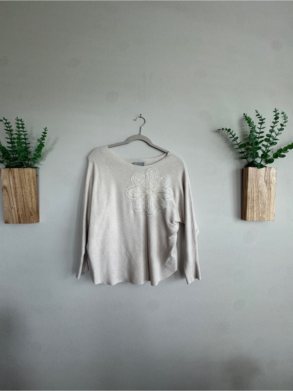 Milano Cream Floral Appliqué Scoop Neck Sweater